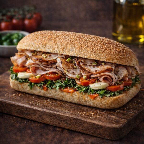 Sándwich Il Romano con porchetta, provolone, rúcula y crema de pimientos